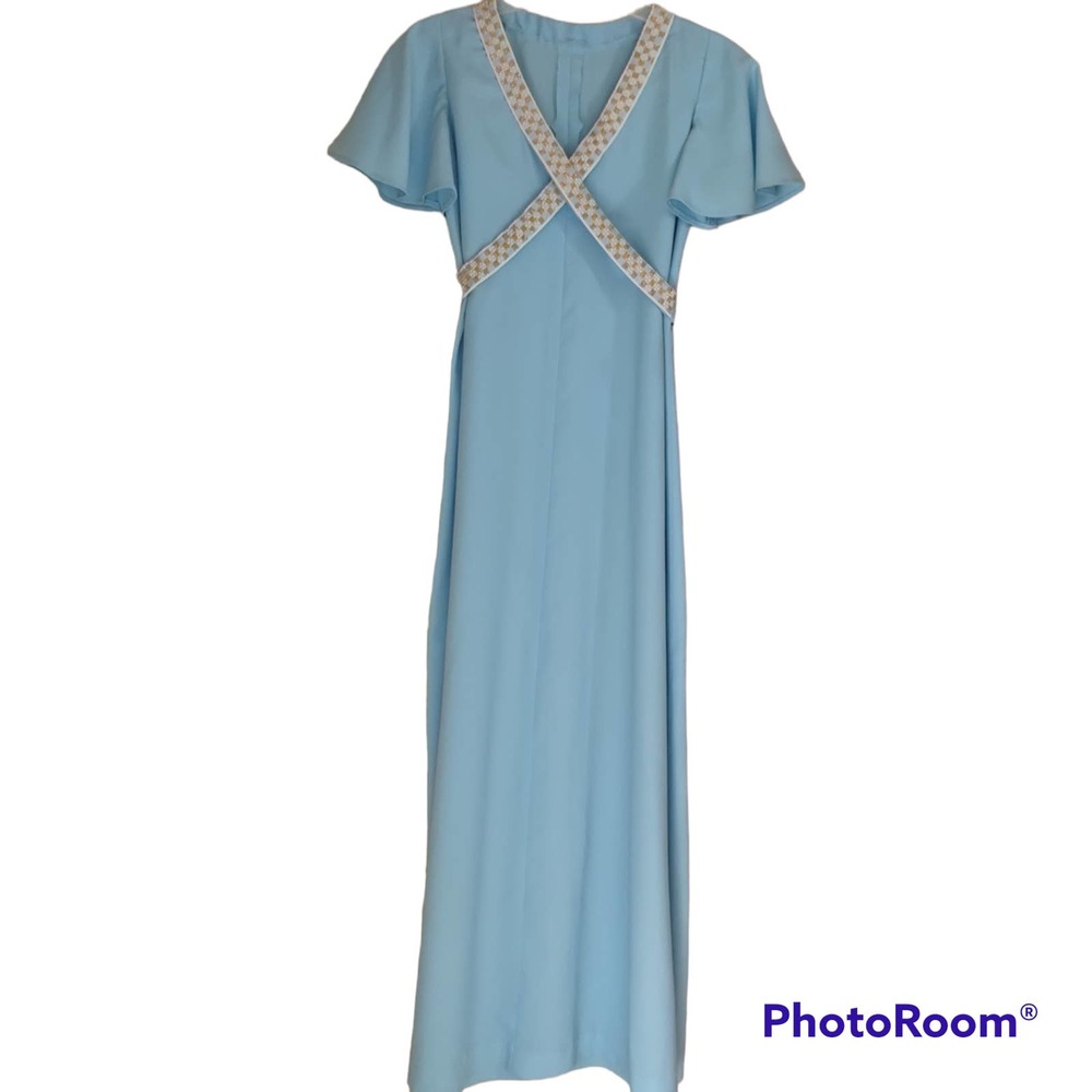 Vintage Handmade Powder Blue Flutter Sleeve Prairie Maxi Dress